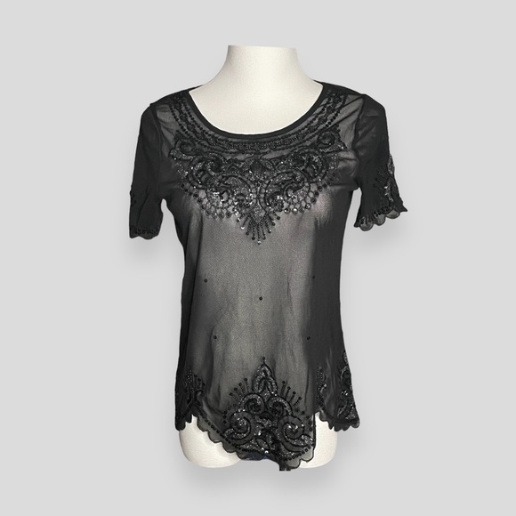 Express Black Whimsygoth Sequined Mesh Sheer Top Size XS - Vintage Express - Picture 1 of 10